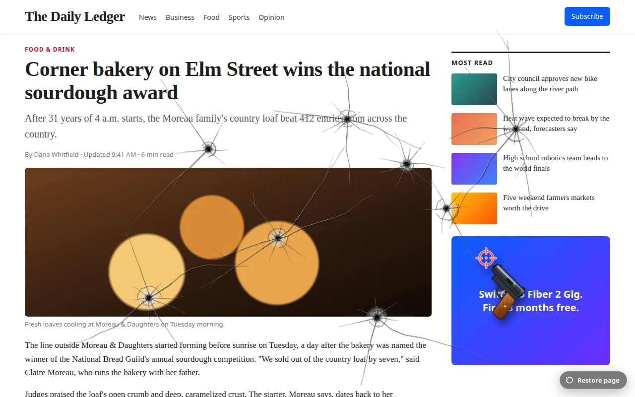 Bullet holes with cracks on a news page
