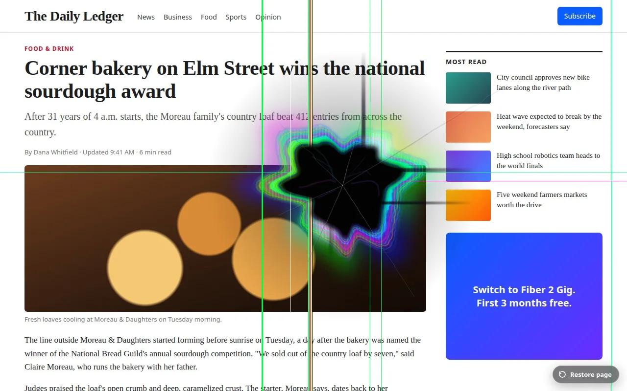 A fake dead-pixel blotch with colour bleed on a web page