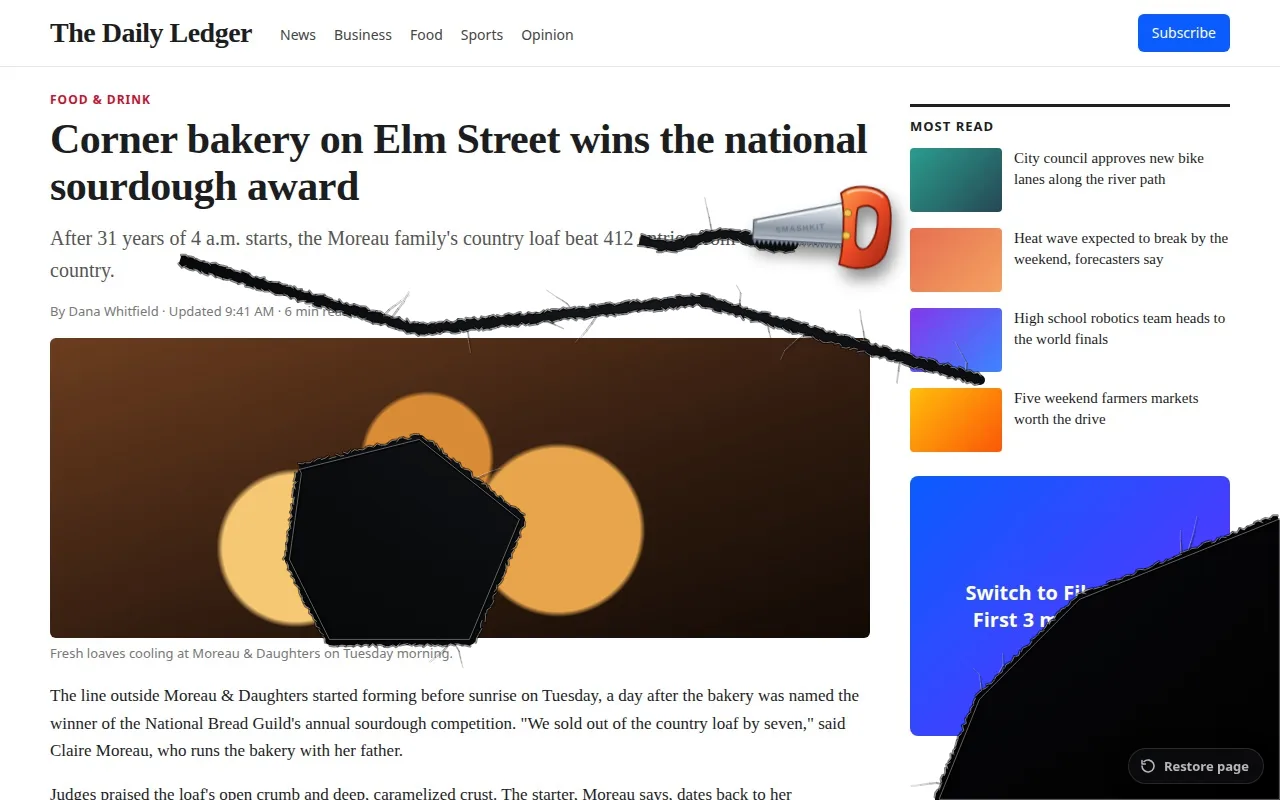 Saw cuts ripped through a news page